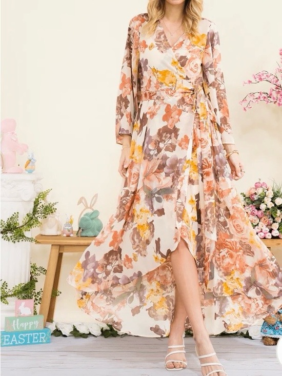 Dresses & Skirts - 0250. Floral Wrap Maxi Dress in Blush and Peach